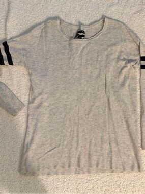 Light Grey Knit with Navy Sleeve Stripes